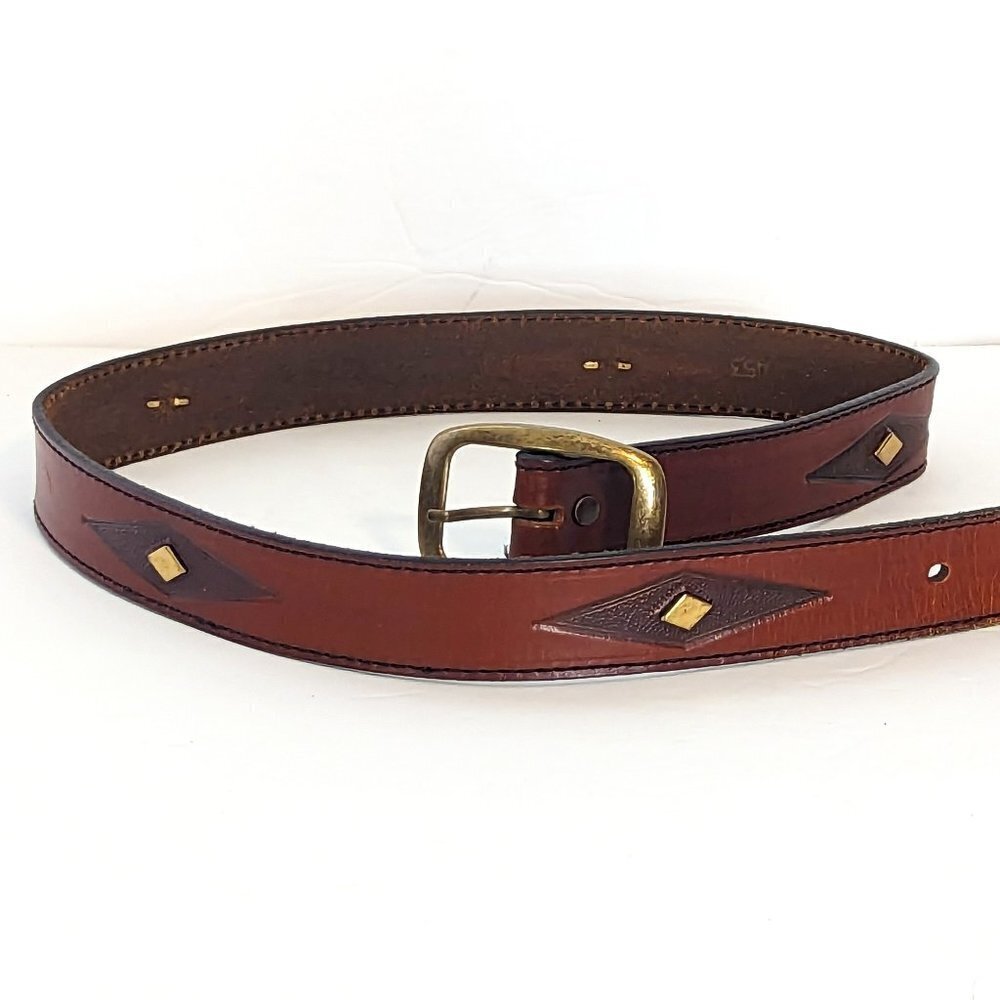 Western Leather Belt Diamond Pattern Geometric Bronze Tone Hardware‎ Vintage